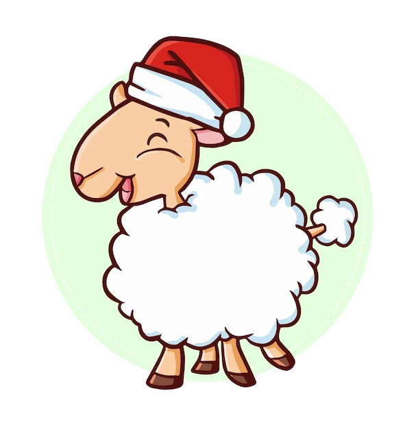 Cute and funny kawaii laughing white sheep wearing Santa's hat for Christmas