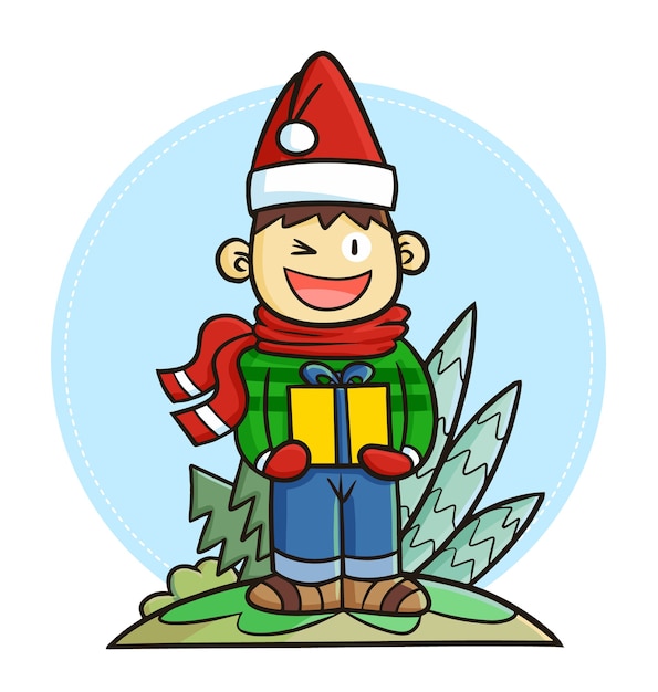 Vector cute and funny kawaii man wearing santa's hat holding christmas gift