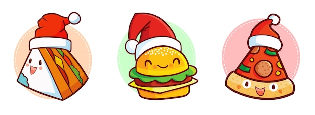 クリスマスにサンタの帽子をかぶったキュートで面白いカワイイサンドイッチ、ハンバーガー、ピザのキャラクター