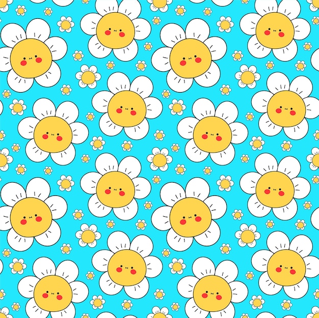 Vettore carino divertente kawaii sorriso viso fiori su sfondo blu modello senza cuciture vettore cartone animato kawaii carattere illustrazione design positivo vintage sorriso viso camomilla fiore modello senza cuciture concetto