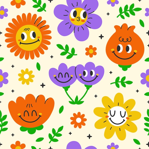 귀여운 재미 귀여운 미소 얼굴 꽃 원활한 패턴벡터 만화 귀여운 캐릭터 일러스트 디자인긍정적인 빈티지 미소 얼굴카모마일 꽃 정원 원활한 패턴 개념