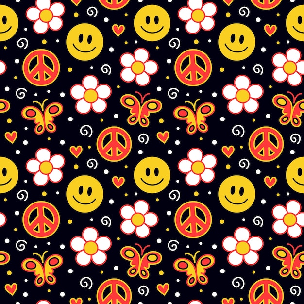 Vector cute funny kawaii smile faceflowershippie peace seamless patternvector cartoon kawaii character illustration designpositive vintage smile facechamomile flowerhippie seamless pattern concept