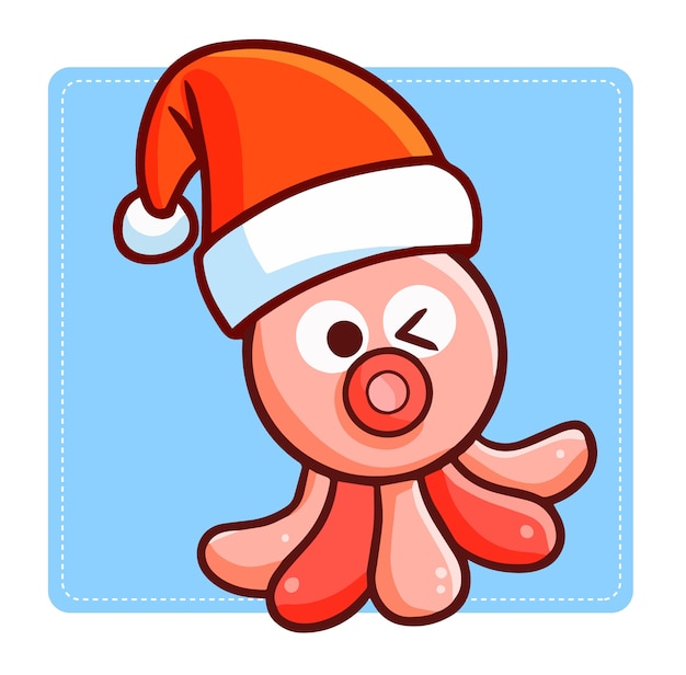 Cute and funny kawaii squid wearing Santa's hat for Christmas