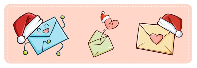 Cute and funny kawaii three colorful envelope wearing Santa's hat for Christmas