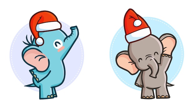 Cute and funny kawaii two elephant wearing Santa's hat for Christmas