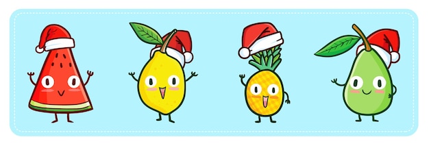 크리스마스 산타 모자를 쓰고 귀엽고 재미있는 카와이 수박, 레몬, 파인애플, 망고