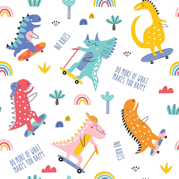 Cute funny kids skater dinosaurs seamless pattern Colorful dinosaurs vector background