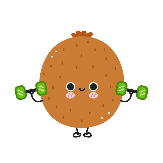 Cute funny kiwi make gym with dumbbells.