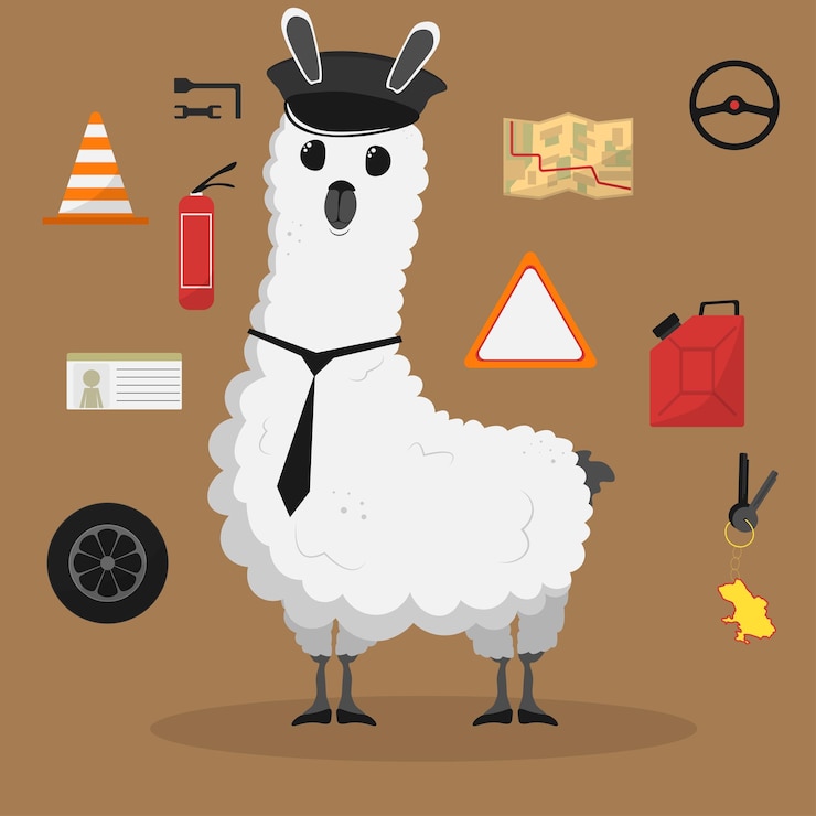 Vector cute funny lama cartoon alpaca driver mascot llama animal hand drawn vector