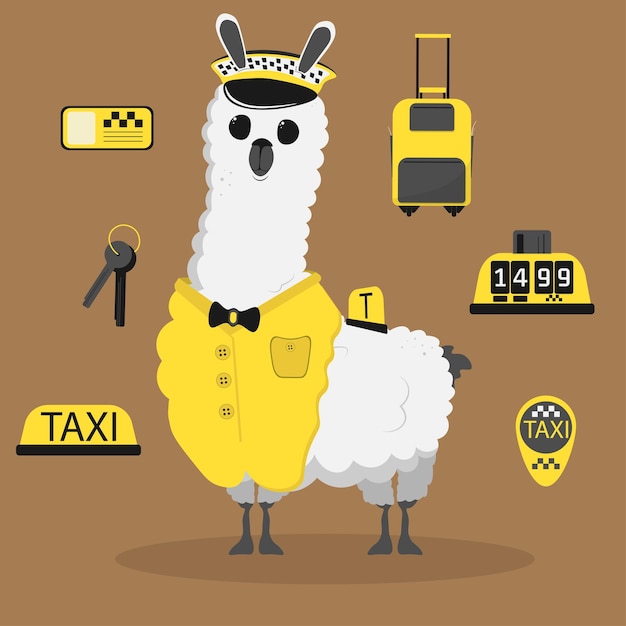 Cute funny lama cartoon alpaca taxi driver mascot LLama animal hand drawn vector