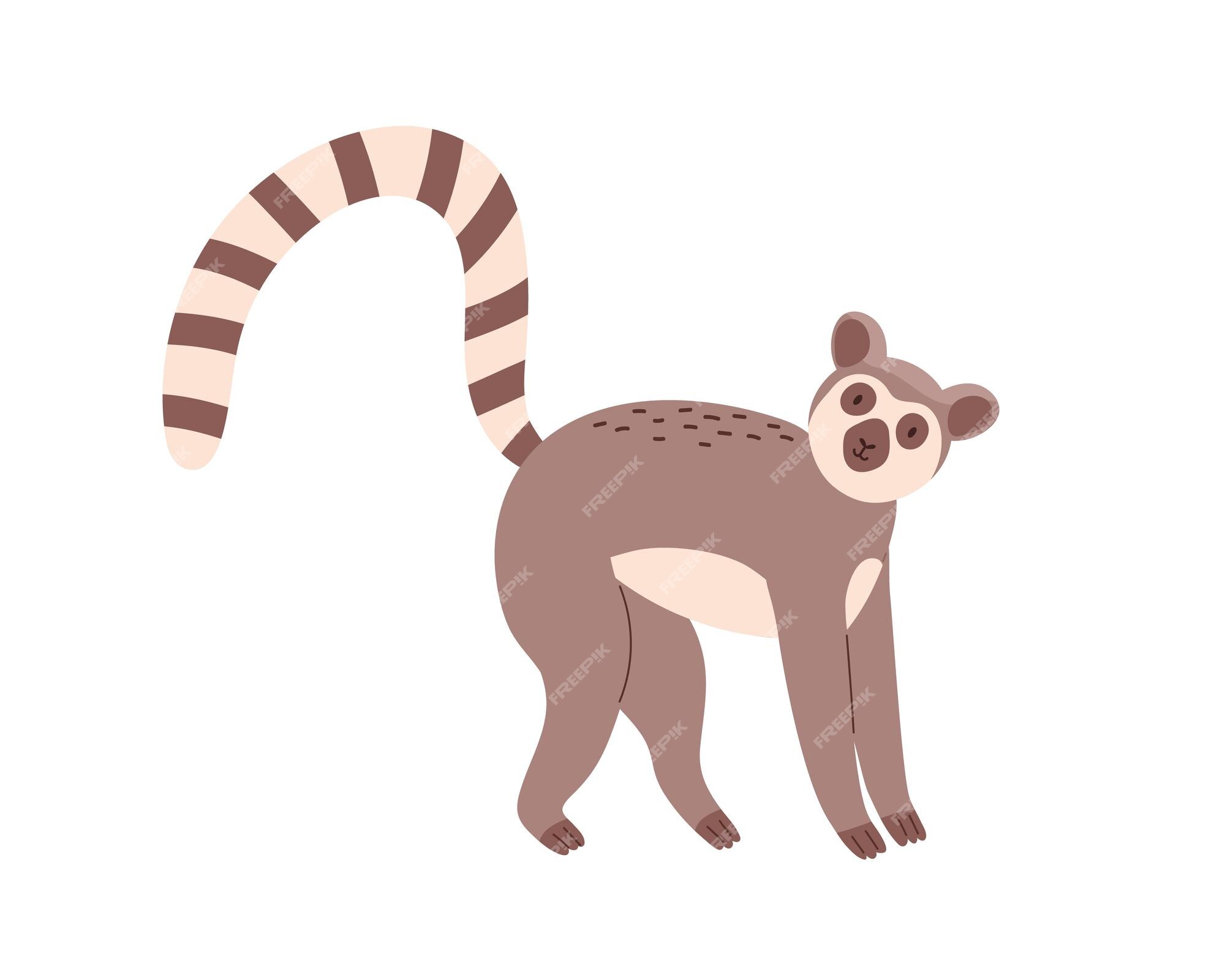 Premium Vector | Cute and funny lemur with striped long tail isolated on white background. happy animal standing on all four paws. childish character. colored flat cartoon vector illustration. Premium Vector | Cute and funny lemur with striped long tail isolated on white background. happy animal standing on all four paws. childish character. colored flat cartoon vector illustration.