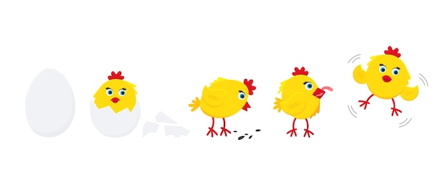 Cute funny little chick chiken hen cartoon flat style design vector illustration set