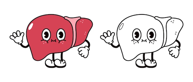 Cute funny liver waving hand character outline cartoon illustration for coloring book