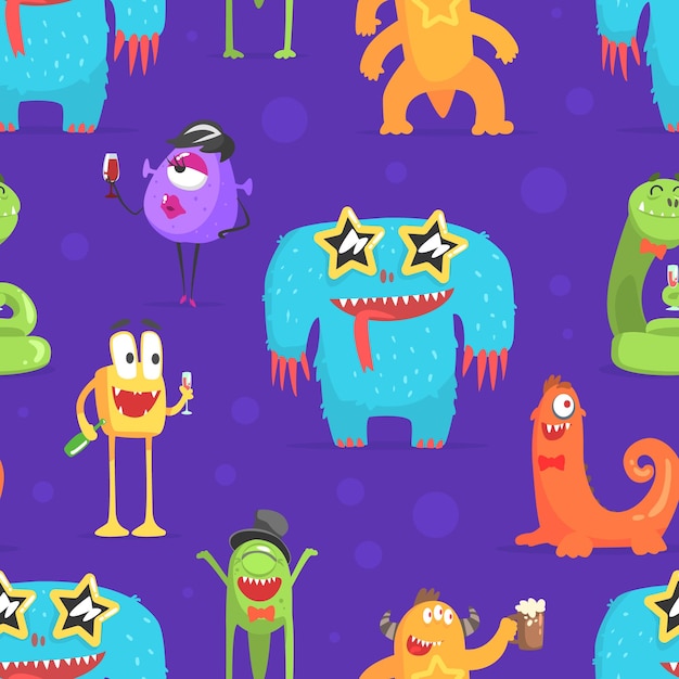 Vector cute funny monsters characters seamless pattern cheerful friendly fantastic creatures design element can be used for wallpaper packaging background vector illustration