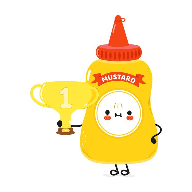 Cute funny mustard hold gold trophy cup