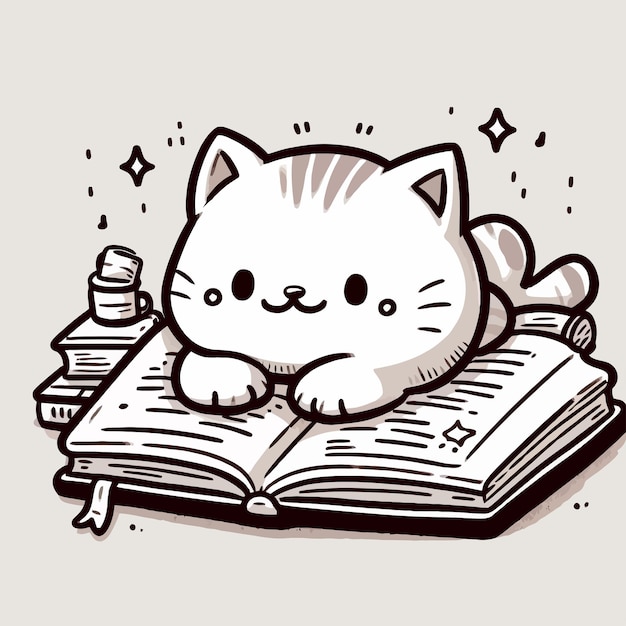 Cute Funny Naughty Cat Lying on Book Doodle Illustration