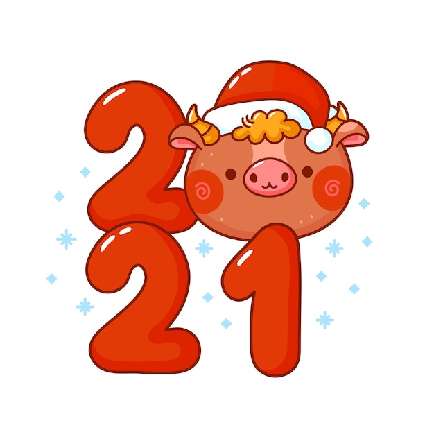 Cute funny  new year symbol bull in christmas cap.