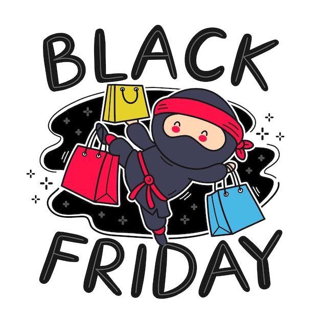 Cute funny ninja with shopping bags character. vector flat line cartoon kawaii character illustration icon. isolated. black friday sale concept