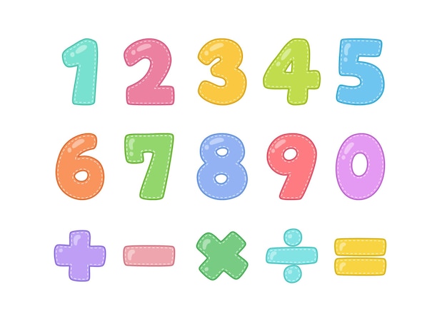 Cute and funny numbers collection hand drawn colorful numbers design with dotted lines and gloss