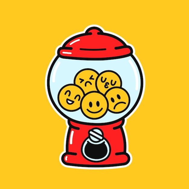 Cute funny old fashioned gumball machine with emoji face. Vector hand drawn cartoon  illustration icon. Candy,bubble gum dispenser logo concept