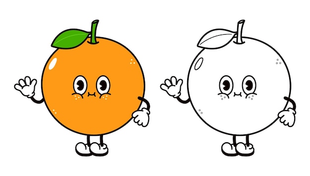 Милый смешной апельсиновый фрукт, машущий рукой, набросок персонажа мультфильма, иллюстрация для раскраски