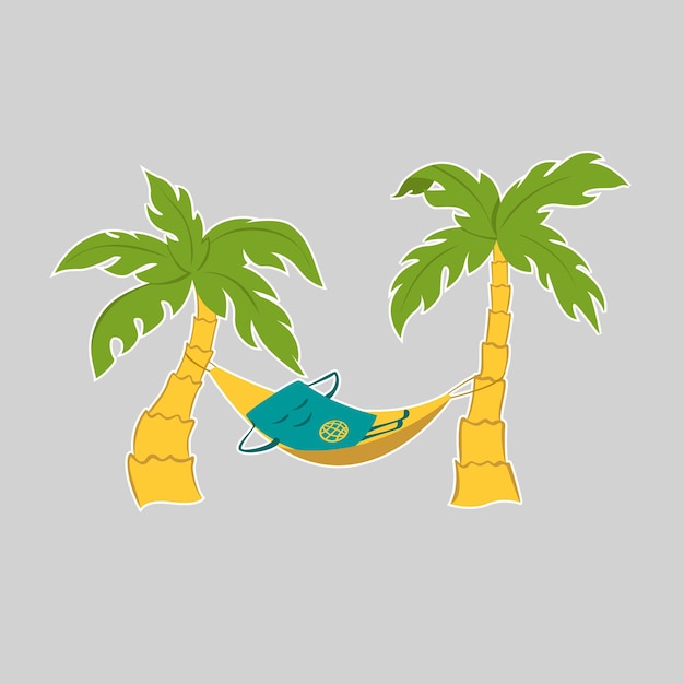 Cute and funny passport identity document character lies in a hammock between palm trees