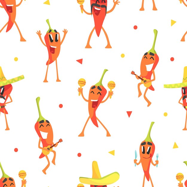 Cute funny peppers characters seamless pattern textile wallpaper background design cartoon vector