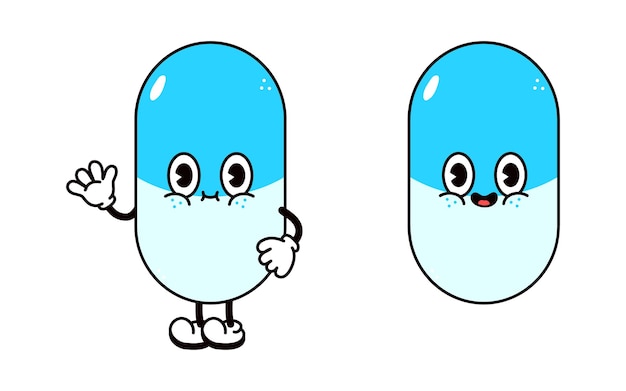 Cute funny pill waving hand character