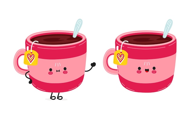 Cute funny pink cup of tea waving hand character