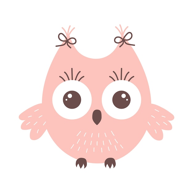 Cute funny pink owl with big eyes and bows forest bird cartoon character