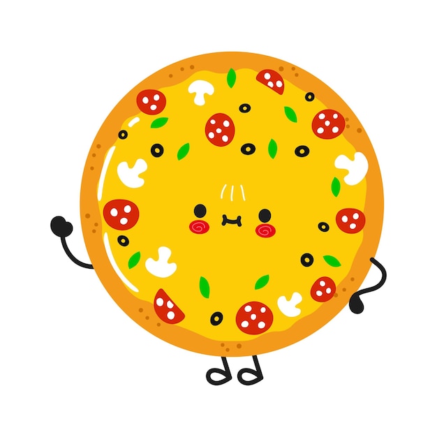 Vector cute funny pizza waving hand character