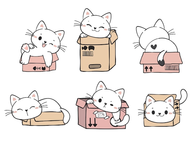 Cute funny playful white kitty cats in cardboard boxes collection adorable cartoon cat pet animal hand drawn vector