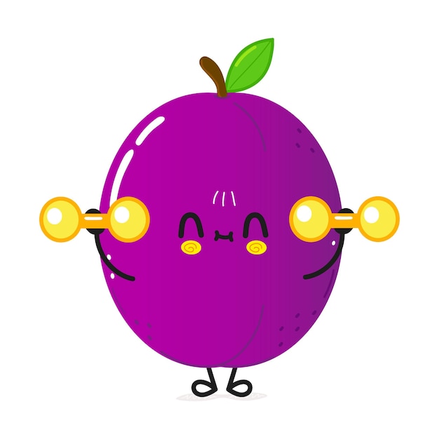 Cute funny plum character with dumbbells