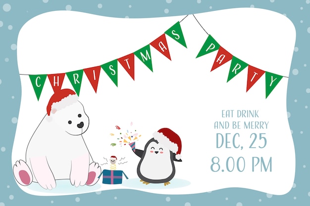 Vector cute funny polar bear and penguin christmas party invitation