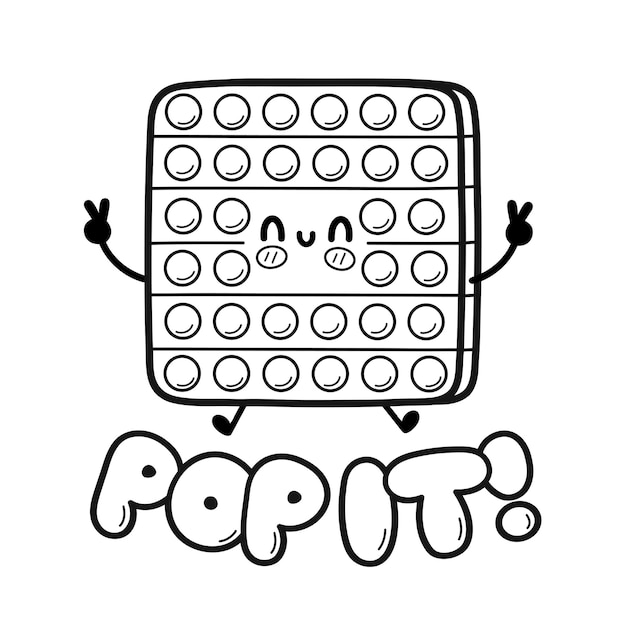 Vettore carino divertente pop it, salto giocattolo popit. icona dell'illustrazione del carattere di kawaii del fumetto disegnato a mano di vettore. isolato su sfondo bianco. pop it fidget contorno sensoriale fumetto illustrazione per libro da colorare