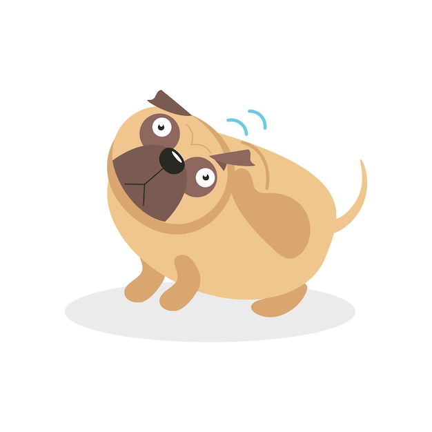 Симпатичный забавный персонаж мопса, виляющий хвостом, собака, мультяшный вектор Иллюстрация на белом фоне