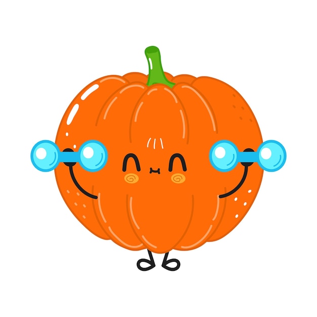 Vector cute funny pumpkin character with dumbbells