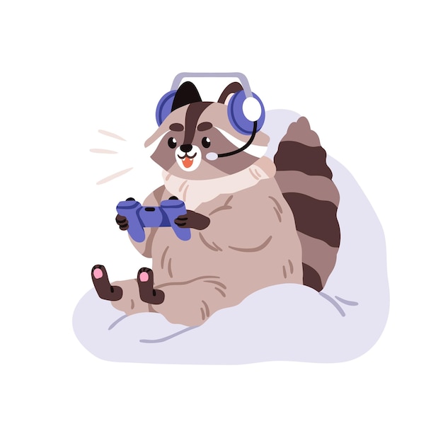 Vector cute funny raccoon playing video game happy gamer excited animal character with console controller during videogame entertainment leisure flat vector illustration isolated on white background