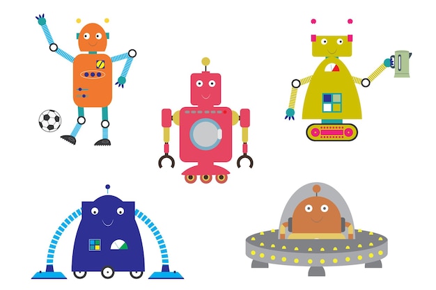 Симпатичные забавные роботы устанавливают векторную иллюстрацию мультфильма