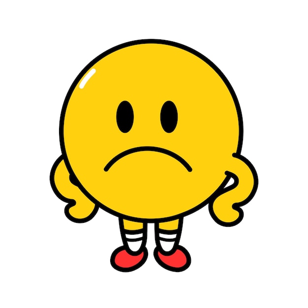 Cute funny sad emoji face. vector flat line doodle cartoon kawaii character illustration icon. isolated on white background. yellow emoji circle character concept