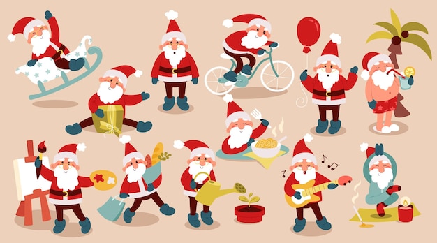 Cute funny Santa Claus flat icons set Winter holiday celebration Different Santa Clauses draw cook ride a bike go shop Ready for Christmas Color isolated illustrations