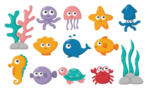 Cute funny sea and ocean animals cartoon isolated