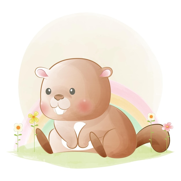 Cute funny sitting baby beaver adorable animal character