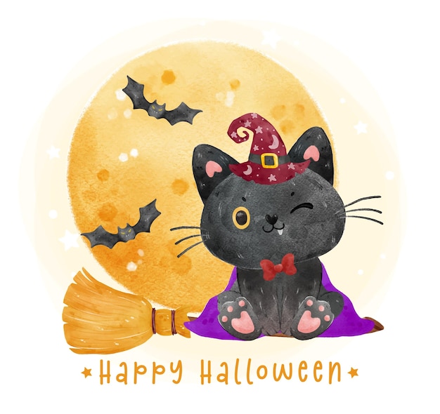 Simpatico sorriso divertente halloween gatto nero strega su scopa volante con luna piena e acquerello di pipistrelli