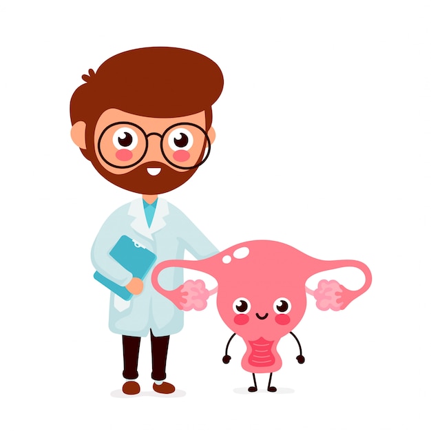 Cute funny smiling doctor gynecologist and healthy happy uterus.