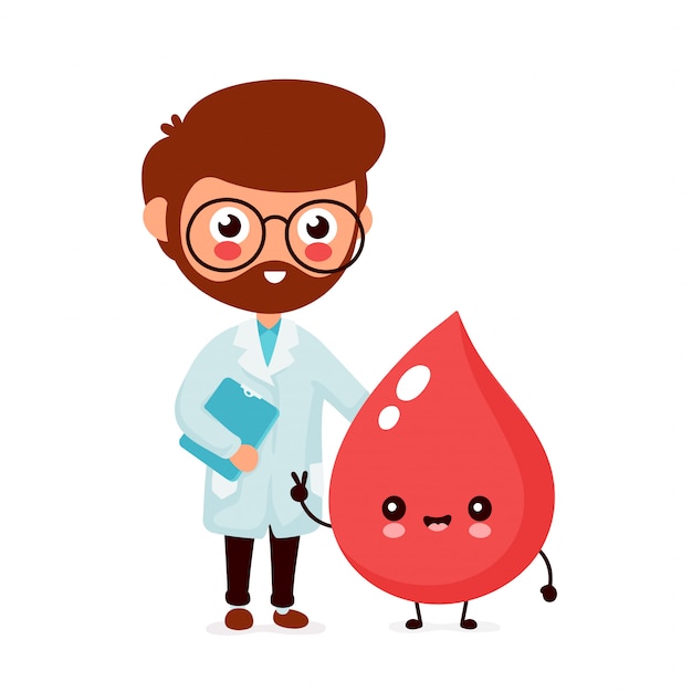 Cute funny smiling doctor hematologist and happy blood drop. healthcare