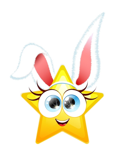 Симпатичная забавная улыбающаяся смайлик-звезда в повязке на голову с пушистыми кроличьими ушами