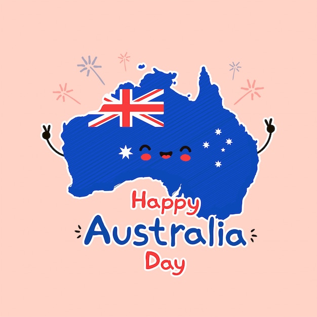 Симпатичные смешные улыбающиеся счастливые карта Австралии и флаг характер.