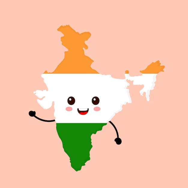 Cute funny smiling happy India map and flag character. 