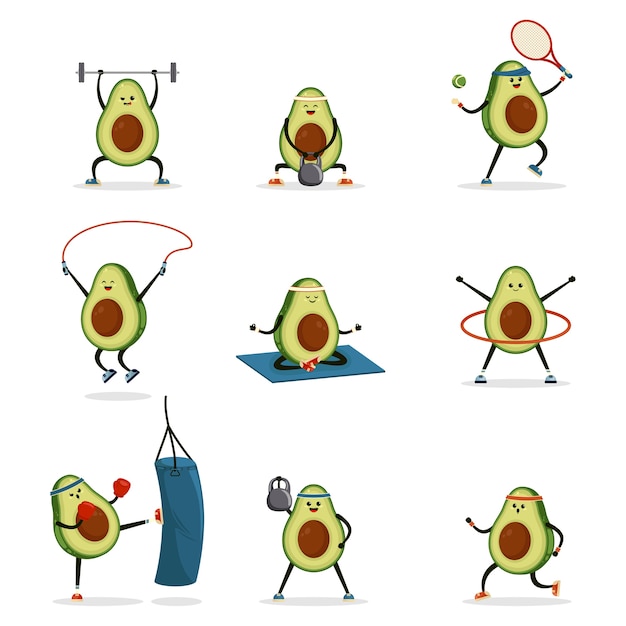 Vettore carino divertente sorridente felice forte avocado salute, fitness, set in forma. atleti di avocado kawaii, giocando a tennis, facendo yoga.